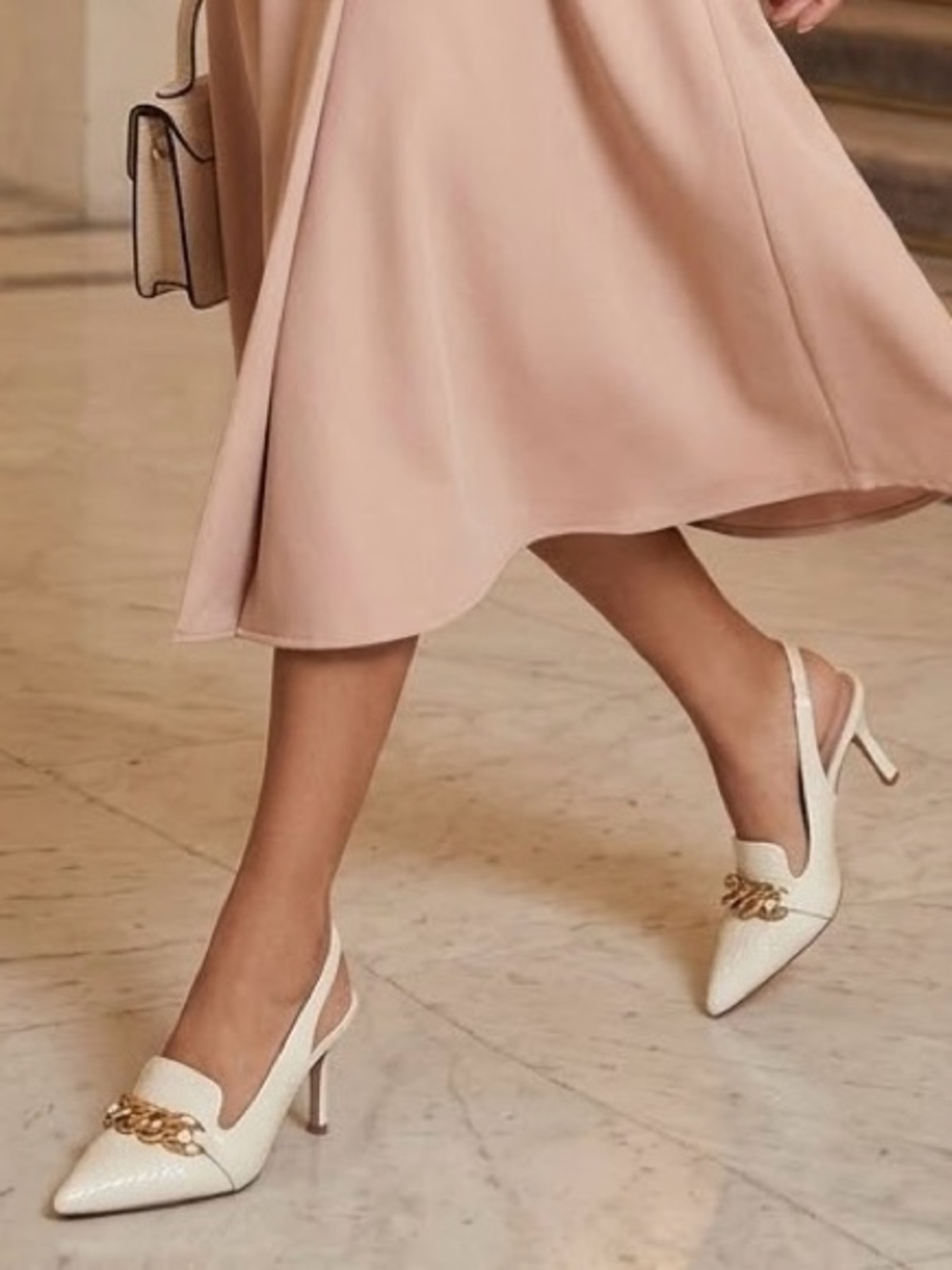 Elegant Women's Cream Slingback Pumps with Gold Chain Accent